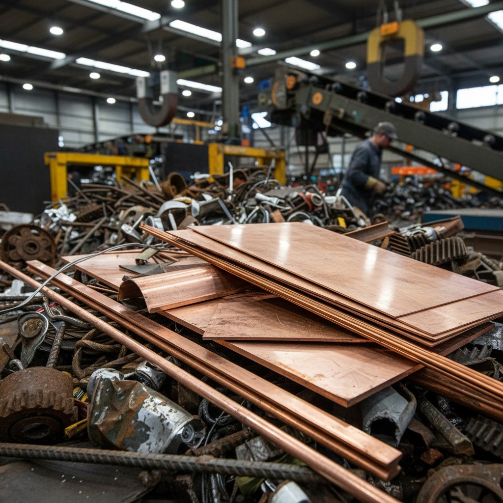Shiny copper sheets and pipes sit atop a pile of metal scrap in a recycling facility with a worker sorting materials in the background.