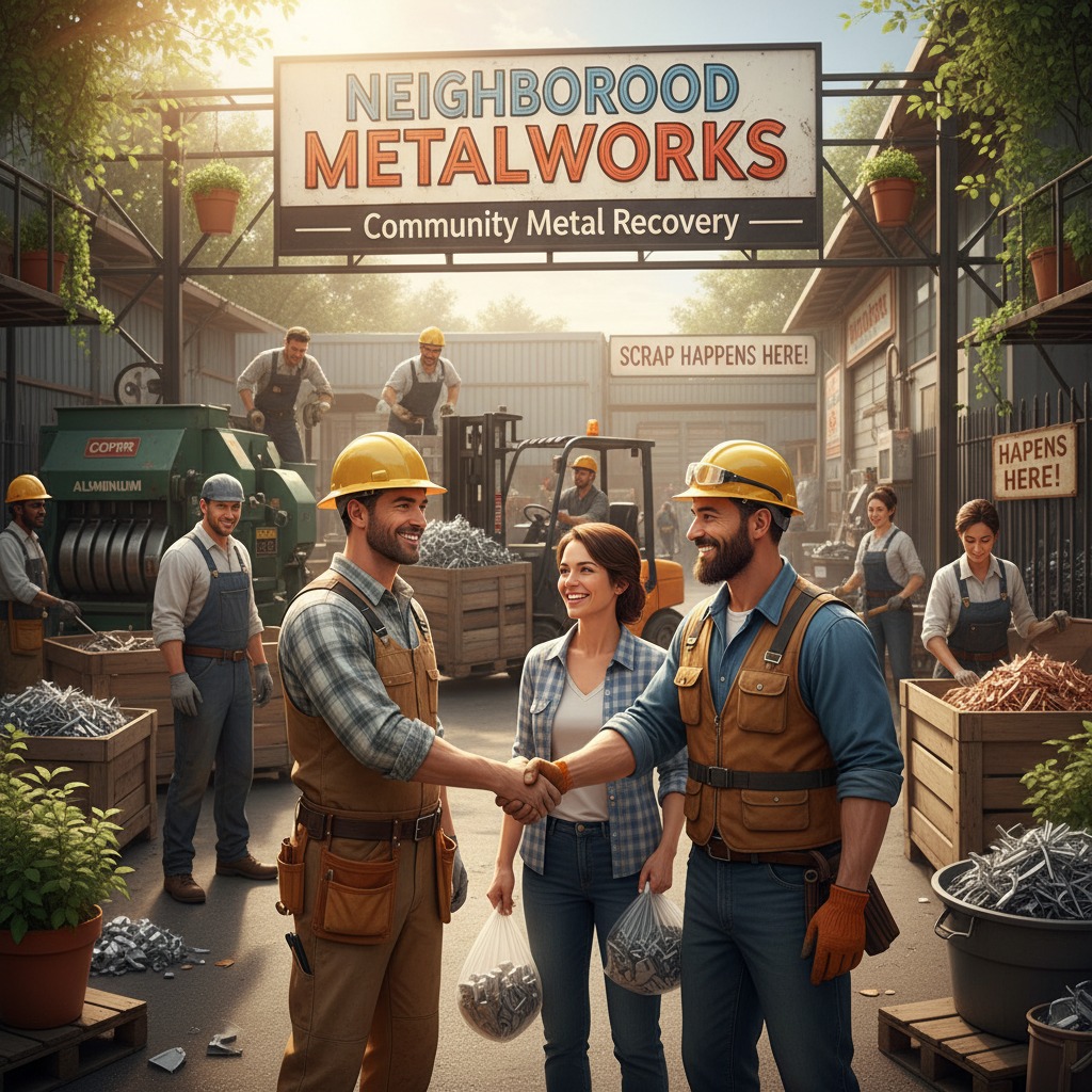 Two male metalworkers shake hands in the foreground of a scrap metal recovery yard while a woman holds bags of scrap metal between them.